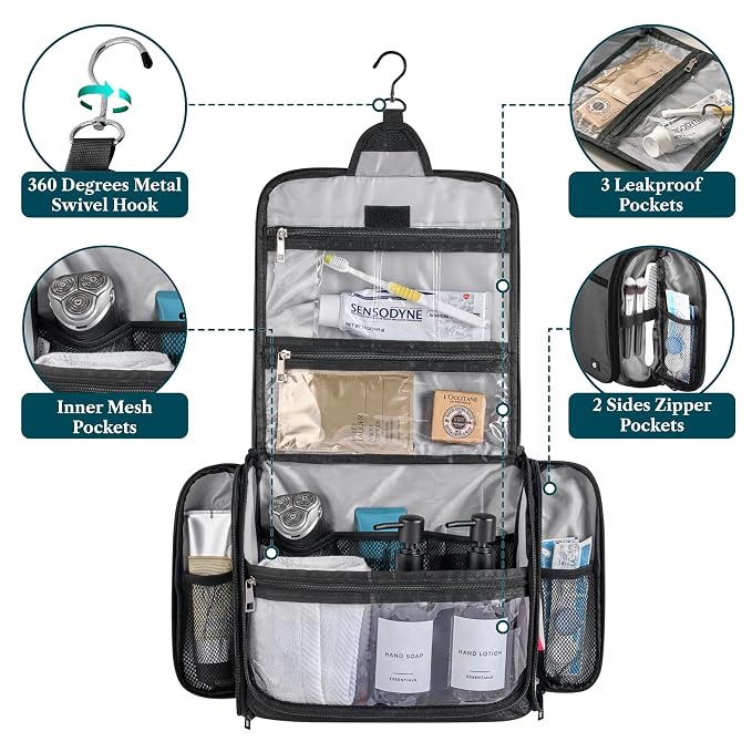 PAVILIA Large Hanging Toiletry Bag for Women Men, Travel Cosmetic Organizer with 10 Compartments, Swivel Hook and 3 Leakproof Pockets, Water Resistant Makeup Case, Packs Flat, Black