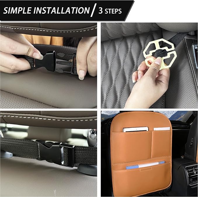 Kick Mat Back Seat Protector， Waterproof Leather Car Seat Back Organizers Cover with 3 Storage Pockets for Kids Pets SUV Sedan Minivan Truck Car Travel Accessories (Cayenne Yellow 2-pack)
