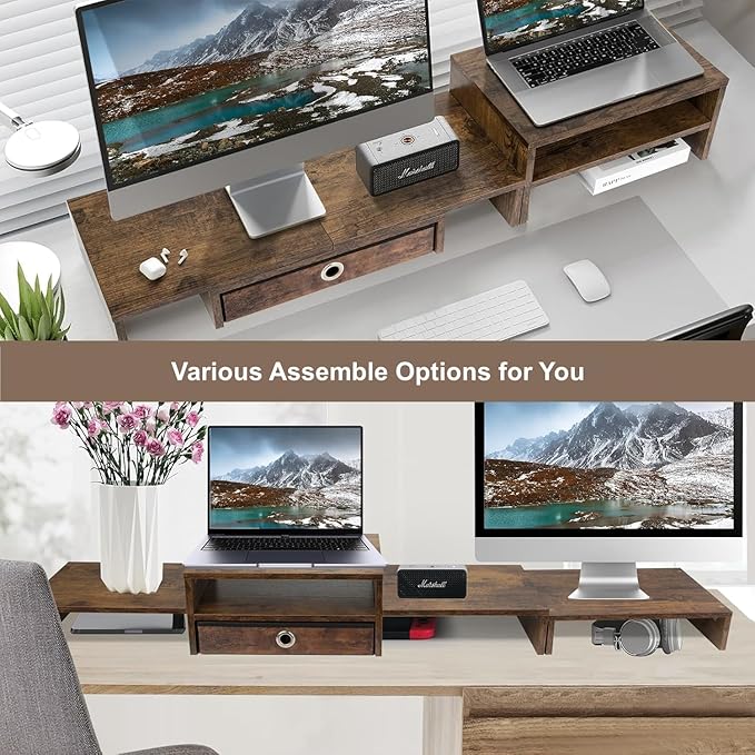 Monitor Riser for 3 Monitors, Dual Monitor Stand for Desk, Triple Monitor Stand with Drawer, Dual Monitor Stand with Storage, Extra Long Triple Monitor Riser up to 52", Angle Adjustable