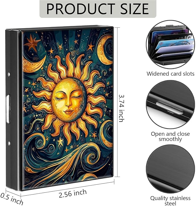 Credit Card Holder, Sun Moon Stars Design Mini RFID Blocking Aluminum Wallet Slim Metal Hard Case Shell Travel Wallet ID Case Small Credit Cards Case Business Cards for Women Men Girls