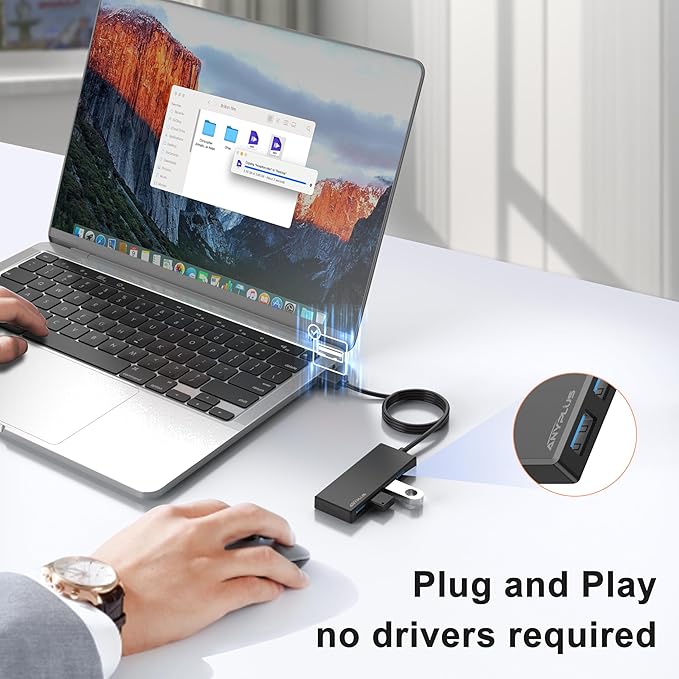 USB Hub, Multiport USB Splitter Adapter, 2 ft Long Cable USB 3.0 Hub, USB Extender for Laptop, PC, iMac, Surface Pro, MacBook, Mac Pro, Flash Drive, XPS, Mouse, HDD, Black, HJ-Black-0.5M-001