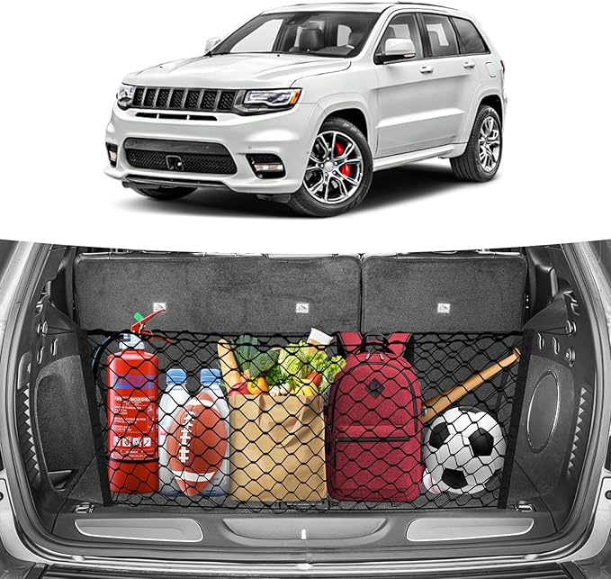 Canvcle Trunk Cargo Net for 2011-2021 Jeep Grand Cherokee Accessories Envelope Style Mesh Trunk Net Organizer and Storage Stretchable Adjustable Elastic Nylon Rear Cargo Netting with Hooks