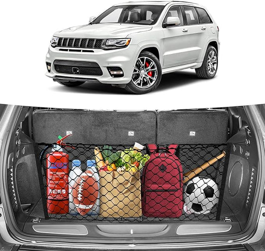 Canvcle Trunk Cargo Net for 2011-2021 Jeep Grand Cherokee Accessories Envelope Style Mesh Trunk Net Organizer and Storage Stretchable Adjustable Elastic Nylon Rear Cargo Netting with Hooks