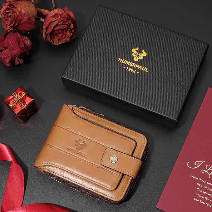 gzcz Mens Wallet with Zipper Genuine Leather Bifold Purse for Men ID Window and Zip Coin Pocket (Brown)