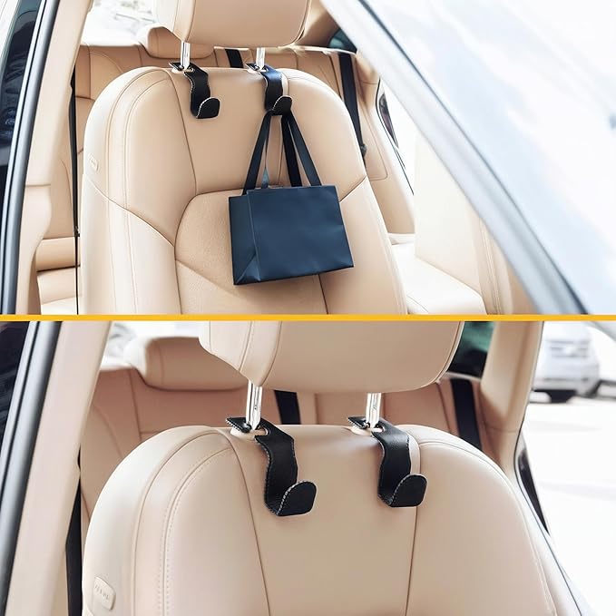 EldHus Headrest Hooks for Purses and Bags, 2 Pack Car Seat Hooks for Grocery Bag Handbag, Metal Car Purse Holder Covered by Leather, Black