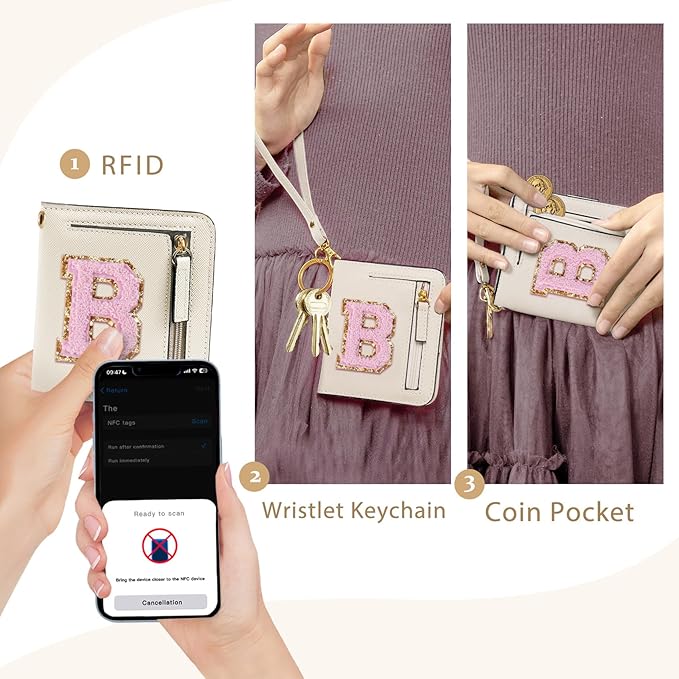 COSHAYSOO Personalized Birthday Party Favor Gifts Initial Wallets for Women Teens Big Sister Dance Recital Performance Cheer Cheerleader Team Gifts Cream Chenille Letter B