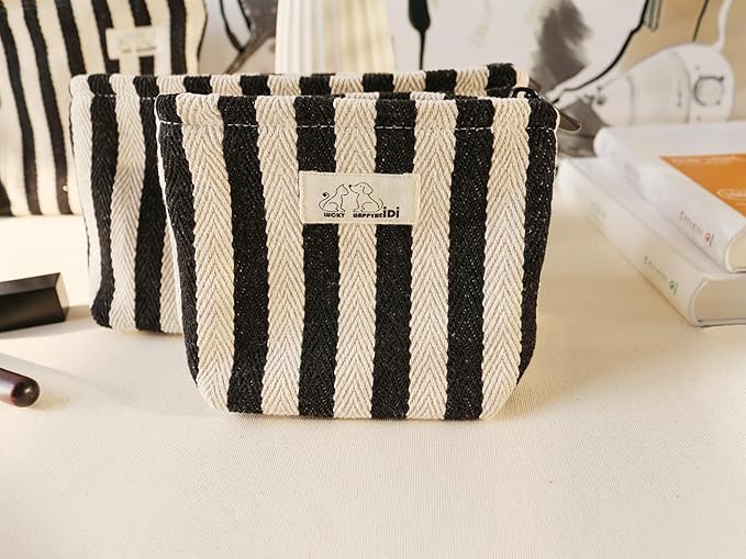 HAPPYHEIDI Black White Stripe Makeup Bag Set 3 with Compartment Cosmetic Toiletry Travel Pouch,Purse Accessory Organizer, 3-Size, Canvas Lined