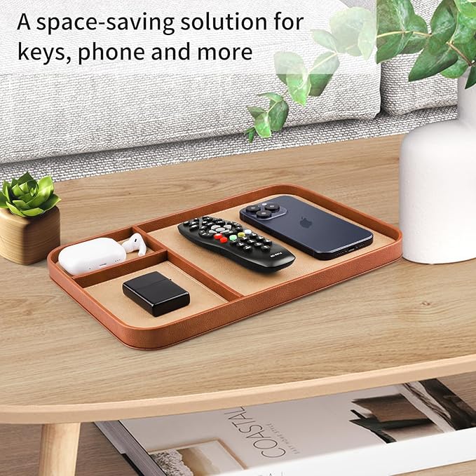 SENEN Leather Tray, Stylish and Organized Multifunctional Tray, for Table Entryway, Premium PU Leather, Catchall Tray for Keys, Watch, Wallet, Jewelry, and More (Brown Frame)