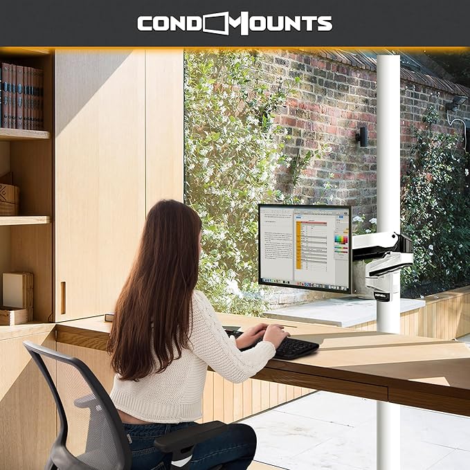 CondoMounts CLMMMAW2022 Pillar Mount | No Drill-Strap on | Height Adjustable |18lbs | up 32 inch TV & Monitor | White | Perfect for Posts in Patio Gazebo | Any Size Pole Larger Then 3 inch