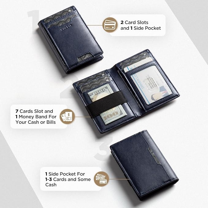 VULKIT Credit Card Holder RFID Blocking Slim Leather Front Pocket Mens Wallet Bank Card Holder Quick Access with 10 Slot and Money Band for Bills or Receipt, Palm-Size Wallet, Navy, 10.9 cm x 7.3 cm x