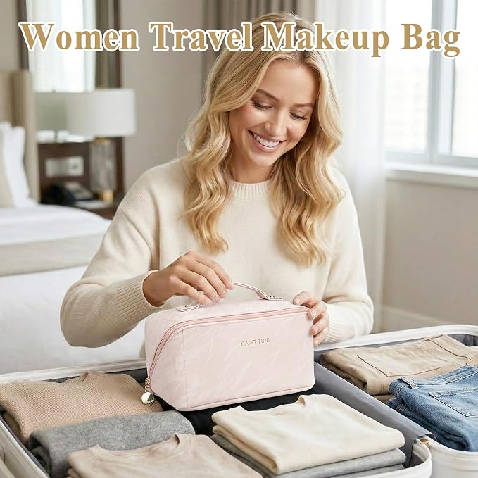 Cosmetic Bag,Travel Makeup Bag, Large Capacity Cosmetic Bags for Women, Waterproof Portable Open Flat Toiletry Bags,Makeup Organizer Bag with Divider and Handle, Cosmetic Pouch Gifts for Women (Pink)