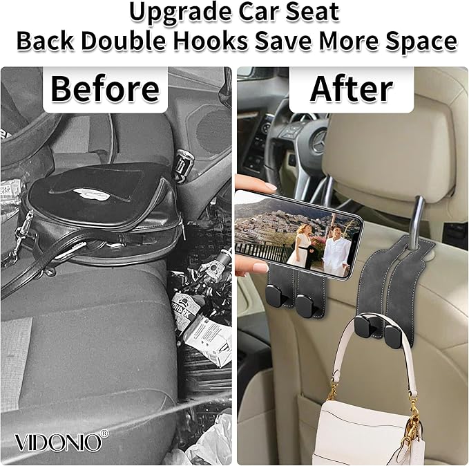 vidonio 2 Pack Double Car Seat Hooks for Headrest, Rotatable Purse Holder for Car, Premium Leather Car Hooks for Purses and Bags, Headrest Hooks and Storage Accessories (Grey)