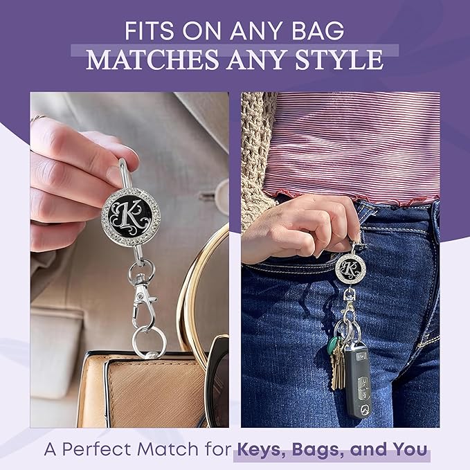 Women’s Bag Charm Key Finder, Car Keychain Hook, Cute Purse Organizer & Tote Bag Accessories, Gifts for Mom - Monogram Letter
