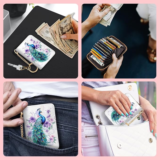 Blusabaca Credit Card Holder for Women, Peacock Small RFID Wallet with Zipper, Card Keychain Wallet, Leather Wallet Card Case, Business RFID Blocking Accordion Purse Wallet Gift