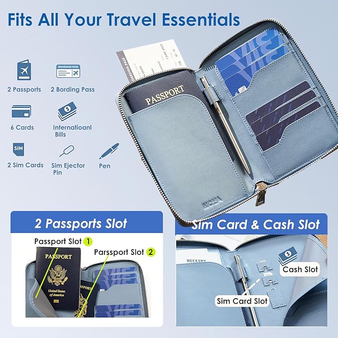 Nova RFID Blocking Passport Holder w/Hidden AirTag Trackable Card, Women Passport Wallet For Travel, Large Organzier For 2 Passports,Cash w/zipper & Wrist Lanyard（Blue）