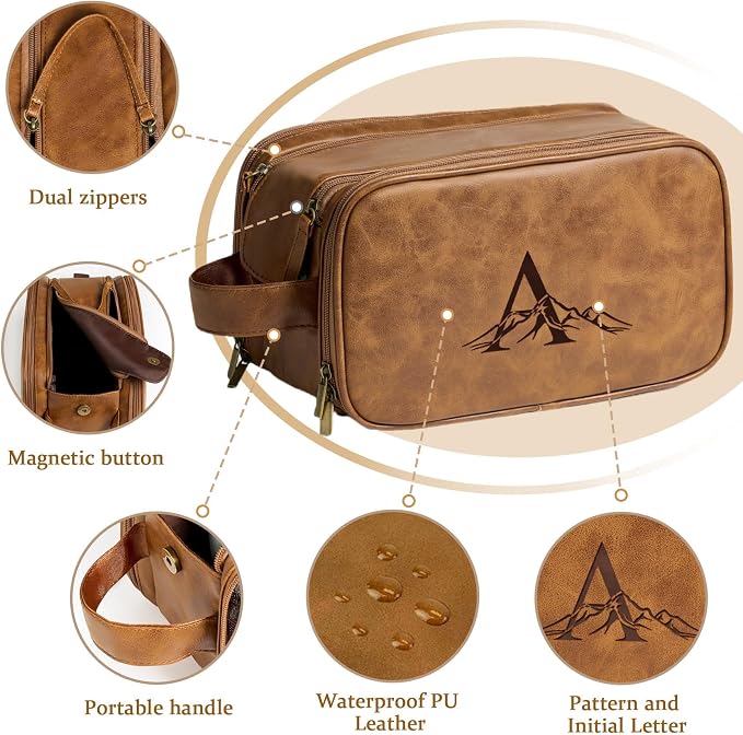 Janhavi Gifts for Him, Personalized Engraved Initials & Mountain,Waterproof Toiletry Bag For Shower Caddy, Makeup Organizer Travel Bag, Men's Accessories Case, Mens Travel Bag Toiletry (Brown F)