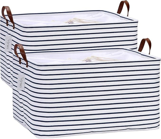 Hinwo 70L Extra Large Storage Bins, 2-Pack Closet Organizers and Storage, Foldable Clothes Storage Baskets with Handles, Containers for Clothing, Blanket, Comforters, Toys, Bedding (Navy Stripe)