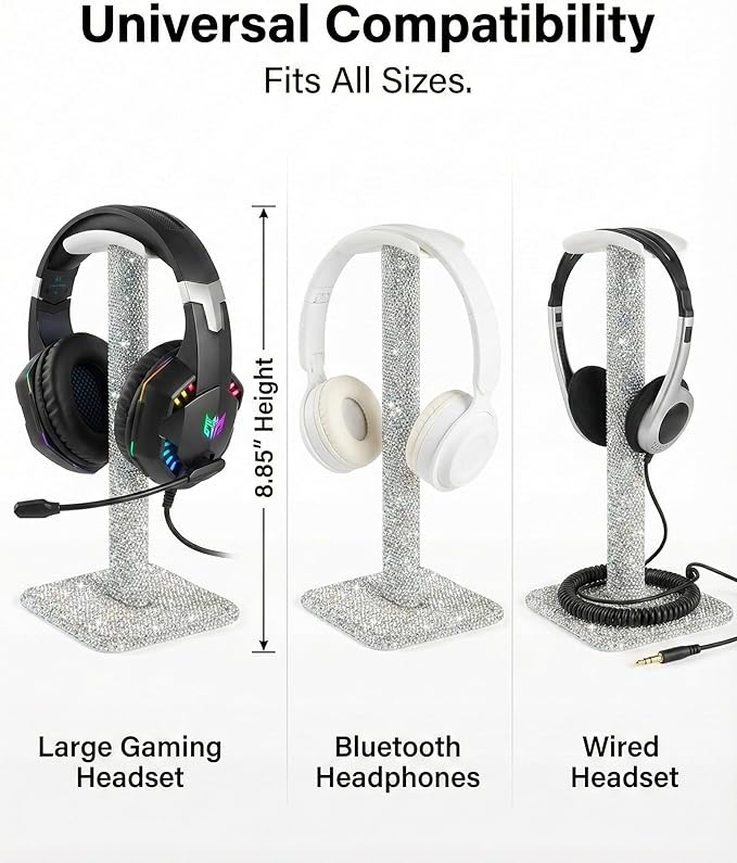 Silver Rhinestone Headphone Stand – Bling Crystal Headset Holder for Y2K Gaming Desk Setup – Sturdy Weighted Metal Base with Soft TPU Rest – Sparkly Luxury Gift for Women & Teen Girls (Silver)