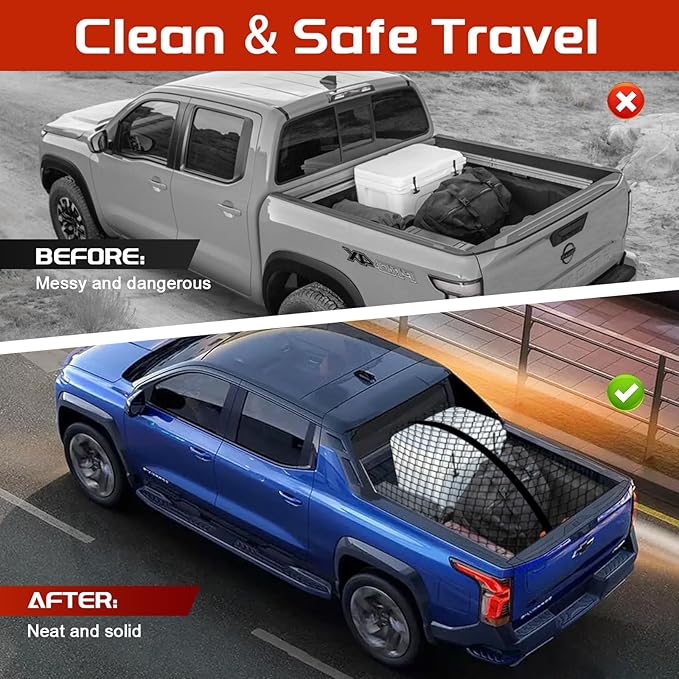 Truck Bed Cargo Net, Stretchable from 4'x4' to 7'x7',High Elastic Cargo Net with Storage Bag and 8 rustproof Buckles, Ideal for ATV, SUV, UTV, Truck and Boat Use, Black