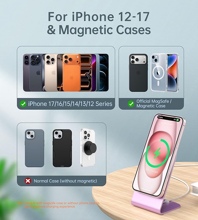 Magnetic Wireless Charger for iPhone 17/16/15/14/13/12 - Mag Charger+20W USB C Adapter, Fast Wireless Charging Stand/Pad with 5ft Cable for iPhone 17/16/15/14/13/12 Pro Max Plus Mini 17 Air, Pink