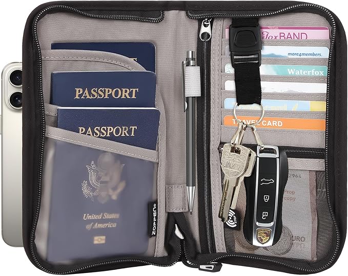 ZOPPEN Passport Holder Family RFID Passport Wallet, Passport Holder Women/Men, Travel Wallet Documents Organizer Zipper Case with Removable Wristlet Strap, Travel Essentials for Flying