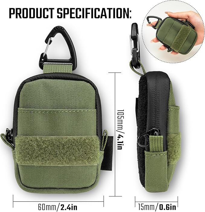 Tactical Geek Storage A6 Mini Size EDC Utility Pouch, Mini Coin Purse with Custom Carabiner, EDC Mini Size Pocket Organizer, Wireless Headset Pack, Key Waist Case for Daily Carry-Green