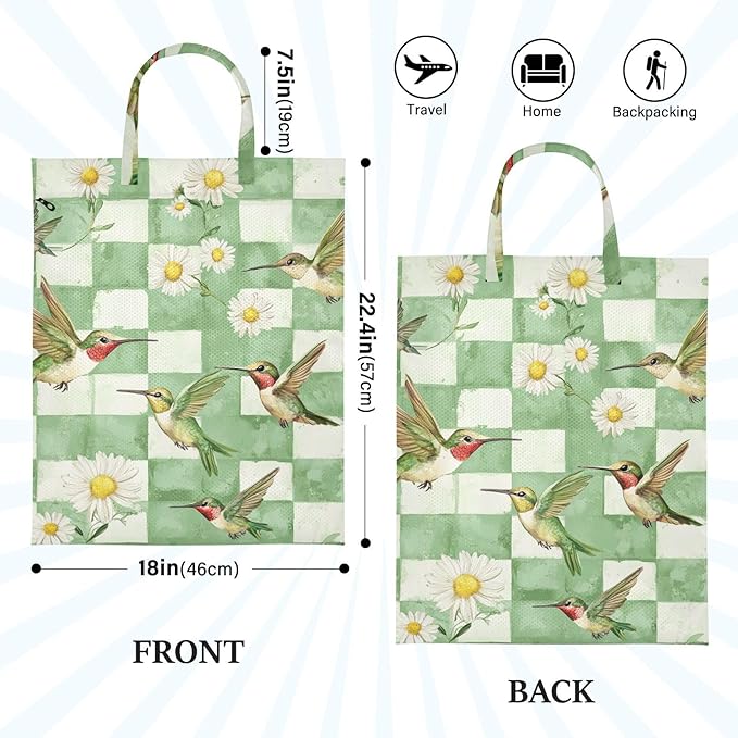 Travel Laundry Bags 2 PC Wet Dry Bag with Handle Dirty Clothes Organizer for Swimsuits Beach Camping Waterproof Washable Cute Hummingbirds Daisy Checkerboard Green and White