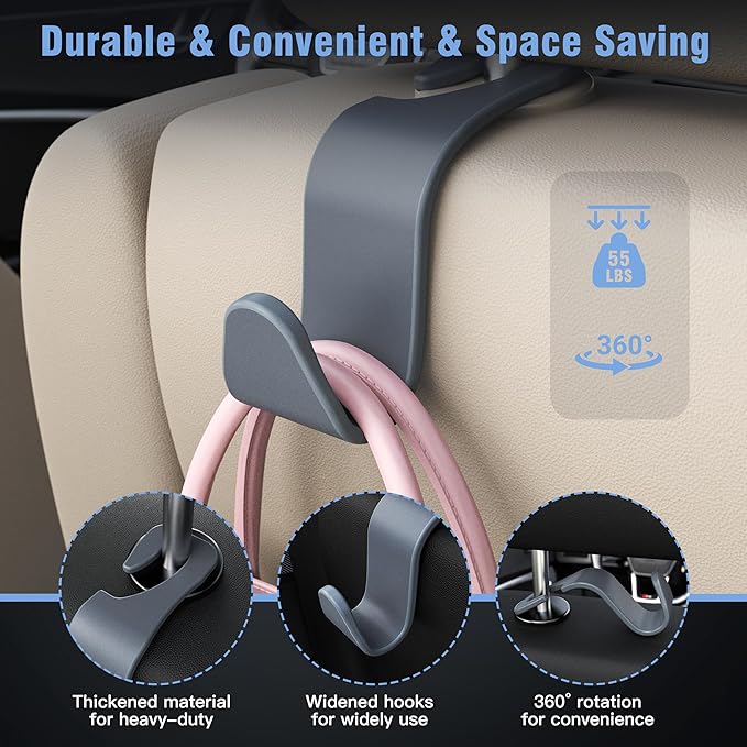 Amooca Car Seat Headrest Hook 4 Pack Hanger Universal Vehicle Car Storage Organizer for Handbag Purse Coat S Type Grey