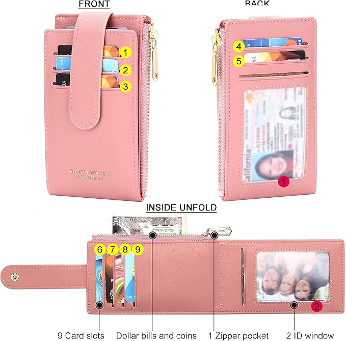 Badiya Slim Women Wallet RFID Blocking Bifold Compact 9 Card Slots Holder Wallets Soft Leather with Zipper Coin Pocket 2 ID Window