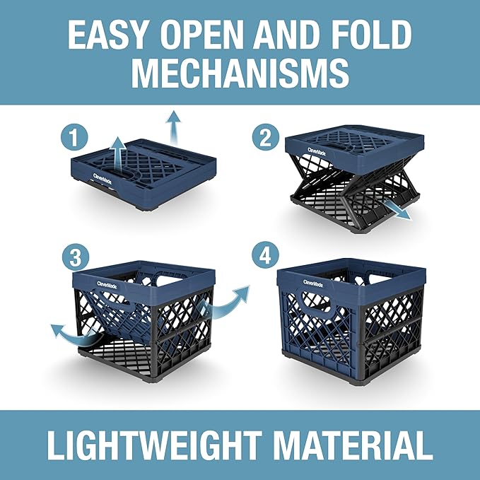 CleverMade Collapsible Milk Crate 25L (6.6 Gal) 3 Pack, 50 lb Capacity Heavy Duty Folding Crate – Stackable Storage Crates with File Rails, Plastic Collapsible Crates - Ocean