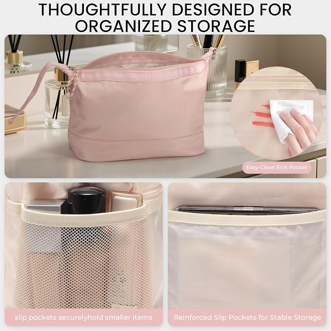 HauteHues Travel Makeup Bag for Women Large Capacity Cosmetic Handheld Portable Organizer Large Opening Waterproof Storage Toiletry Bags Pink