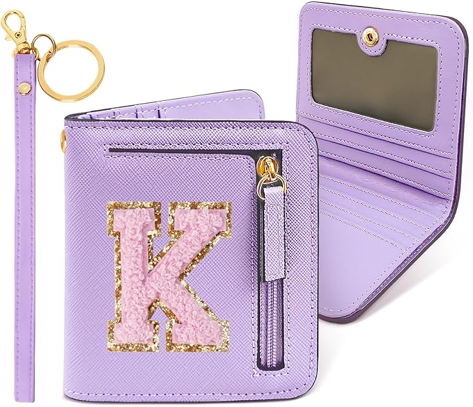 COSHAYSOO Unique Christmas Stocking Easter Basket Stuffer Gifts for Daughter Granddaughter Niece from Mom Grandma Auntie Small Wallet RFID Bifold Initial Chenille Letter K Purple