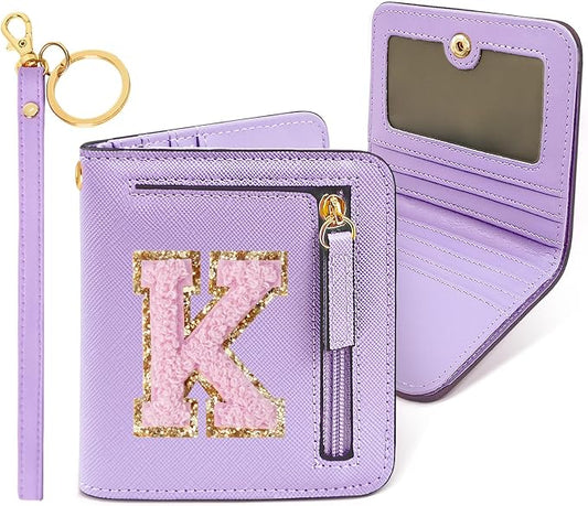 COSHAYSOO Unique Christmas Stocking Easter Basket Stuffer Gifts for Daughter Granddaughter Niece from Mom Grandma Auntie Small Wallet RFID Bifold Initial Chenille Letter K Purple