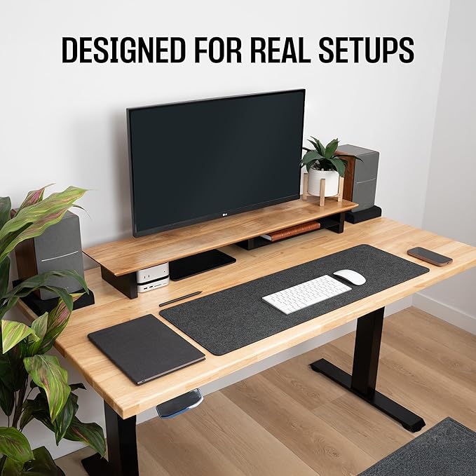 COREMINDED Solid Wood Dual Monitor Stand Riser ??43" Oak Desk Shelf for 2 Monitors with Tray & Wool Felt, Organizer for Desktop, Laptop and Office (Solid Oak)
