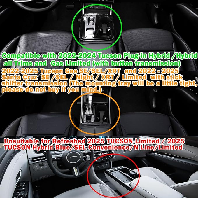 TACORBO Center Console Organizer Compatible with Hyundai 2022-2024 Tucson Plug-in Hybrid/Hybrid all Trims and Tucson Gas Limited and Santa Cruz 2022-2025 Accessories, Armrest Insert Tray, Black