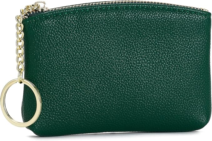 WOZEAH Artificial Leather Coin Purse Change Purse With Key Chain Ring Zipper For Men Women (A Green)