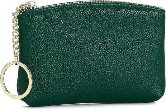 WOZEAH Artificial Leather Coin Purse Change Purse With Key Chain Ring Zipper For Men Women (A Green)