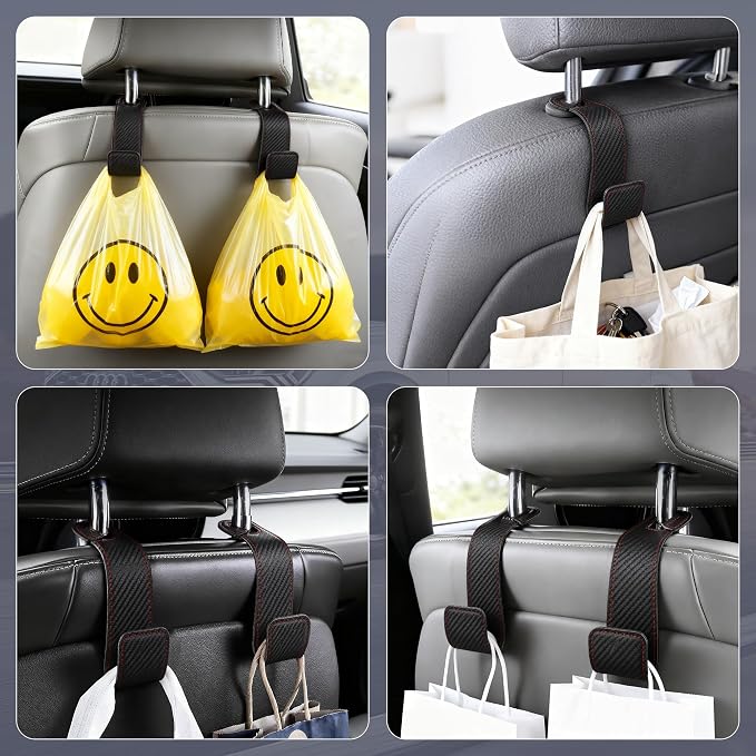 Leather Car purse hooks with larger strap holder purse hook purse holder for car car seat back hooks Automotive seat back organizer headrest hooks for bags and purse (Black Carbon fiber, 2pcs)
