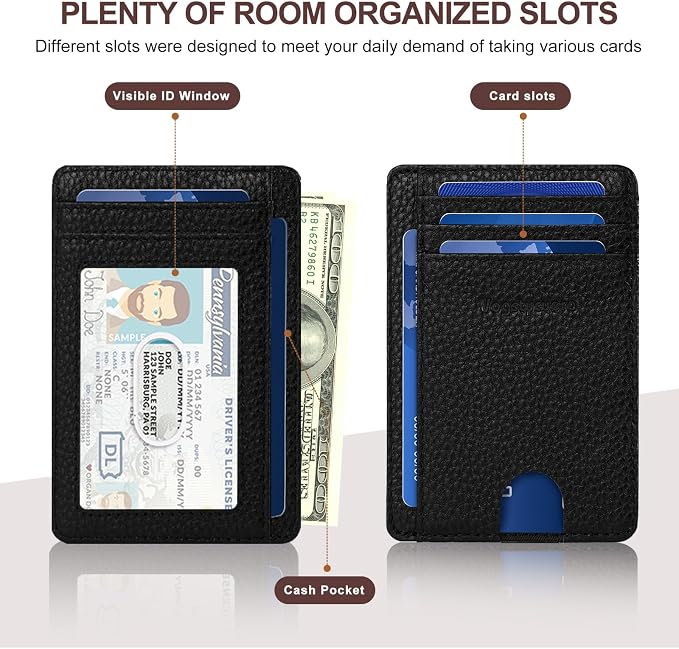 Slim Minimalist Front Pocket Thin Wallet RFID Blocking 100% Genuine Leather Credit Card Holder for men Women, with Gift Box-Lichee Black