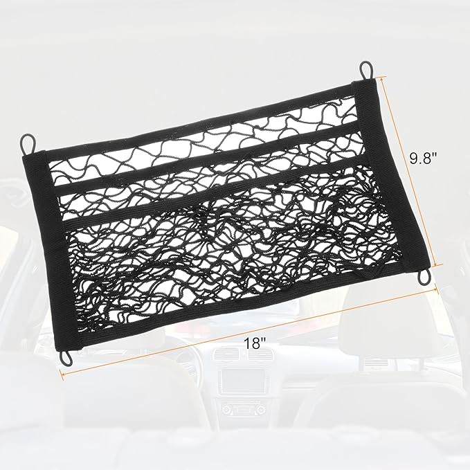 HARFINGTON 2pcs 3-Layer Small Cargo Net 18" x 9.8" Stretchable Storage Mesh Pocket Net Automotive Cargo Nets Storage Pouch Organizer with 8pcs Screws and 8pcs Hooks for Trunk RV Boat