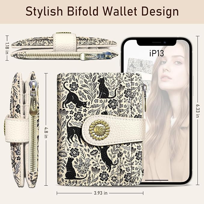 Kelvoris Black Cats Small Rfid Women Wallet Bifold Zipper Coin Pocket PU Leather Compact Cash Credit Card Holder Travel Wallet for Female Ladies Teen Girls 1 ID Window 10 Card Slots