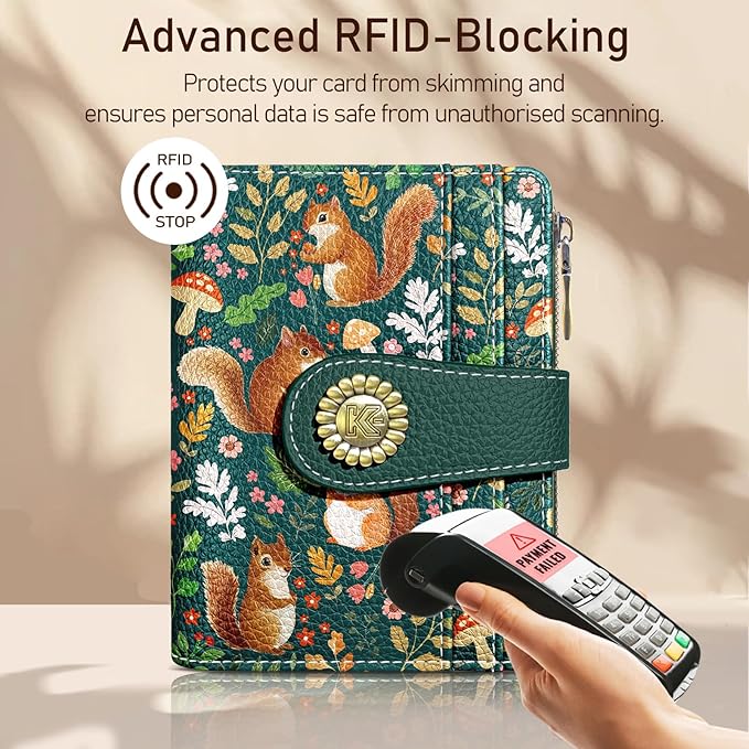 Kelvoris Cute Squirrels Small Rfid Women Wallet Bifold Zipper Coin Pocket PU Leather Compact Cash Credit Card Holder Travel Wallet for Female Ladies Teen Girls 1 ID Window 10 Card Slots