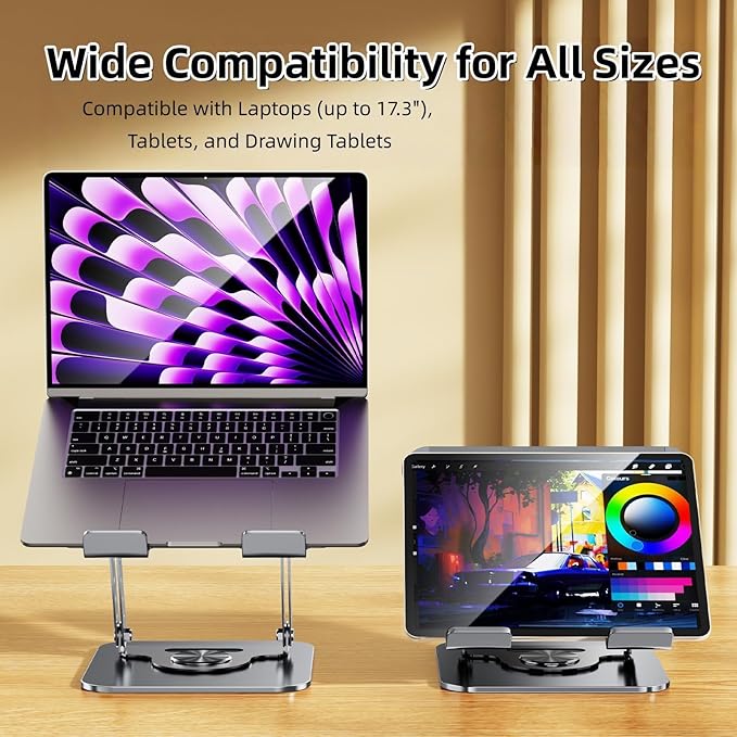 Laptop Stand for Desk, 360° Rotating Adjustable Metal Foldable Laptop Riser with Minimalist Football Vent Pattern, Ergonomic Computer Notebook Holder for MacBook, Dell, HP 10-17.3", Silver