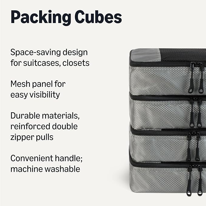 Amazon Essentials 4-Piece Packing Cubes Travel Accessories Set, Space-Saving Luggage Organizer with Double Zipper, Mesh Top, Small, Gray (Previously Amazon Basics)
