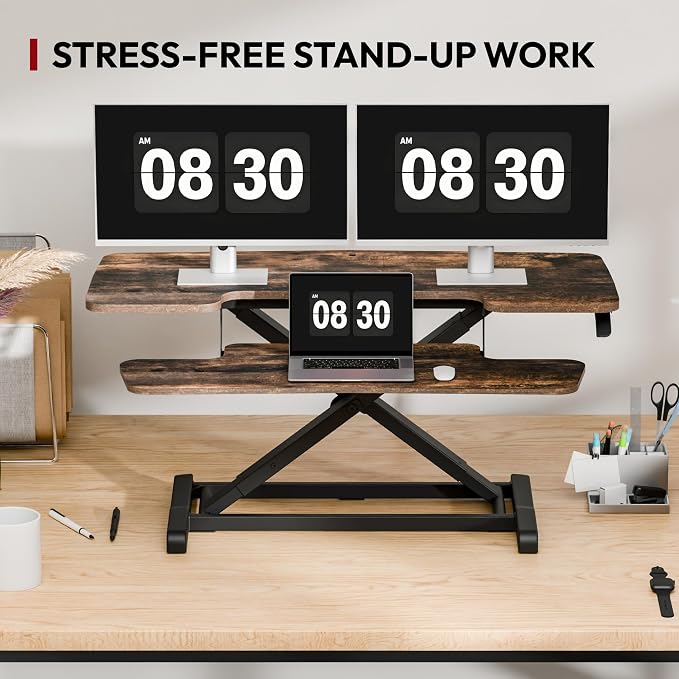 SANODESK 40" Standing Desk Converter, Effortless Lift Sit-Stand Desk Riser for Dual Monitors, Large Ergonomic Computer Workstation Tabletop, Rustic Brown