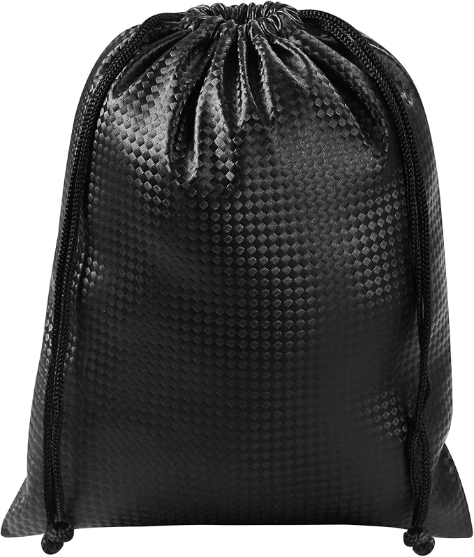 PALTERWEAR Tech-Weave PU-Coated Drawstring Bags (Set of 5) Water-Resistant, Directional-Stretch Travel Organizers for Goody Bag, Toiletries, Tech Gear, Charger - Wipe-Clean (Black 3D, 6 x 8 Inch)