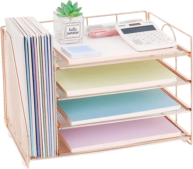 OPNICE Desk Organizer, 5-Tier Paper Organizer Letter Tray with Magazine Holder, Office Desk Accessories & Workspace Organizers, Desktop File Organizer for Office Supplies Storage, Rose Gold