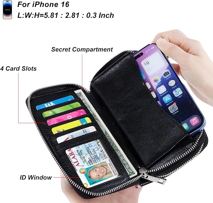 Cellphone Wallet for Women Dual Zipper Long Purse with Removable Wristlet