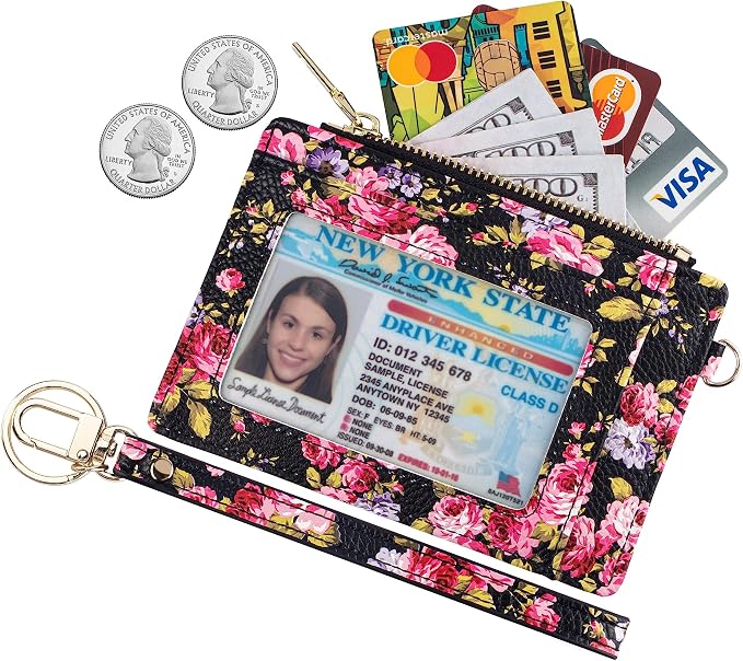 Wikavanli Women Slim Rfid Blocking Credit Card Case Holder Wristlet Zip ID Case Wallet Small Compact Leather Wallet Coin Purse with Keychain (Z-Color flower)