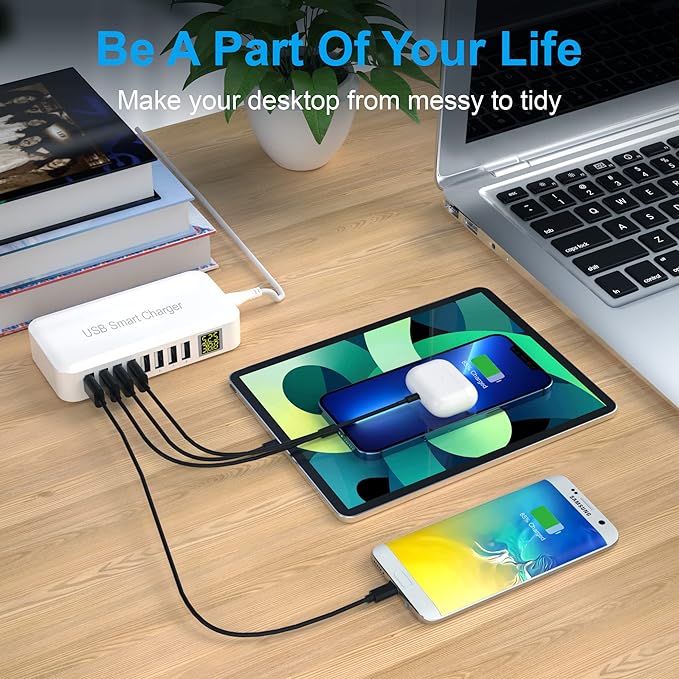 USB Charging Station, Ziwodiv 8-Port 60W/12A Charger Station, Multi Ports USB-A Charging Hub with LED Display, Compact Desktop Charger for Multiple Devices, iPhone iPad Samsung Android and Tablet